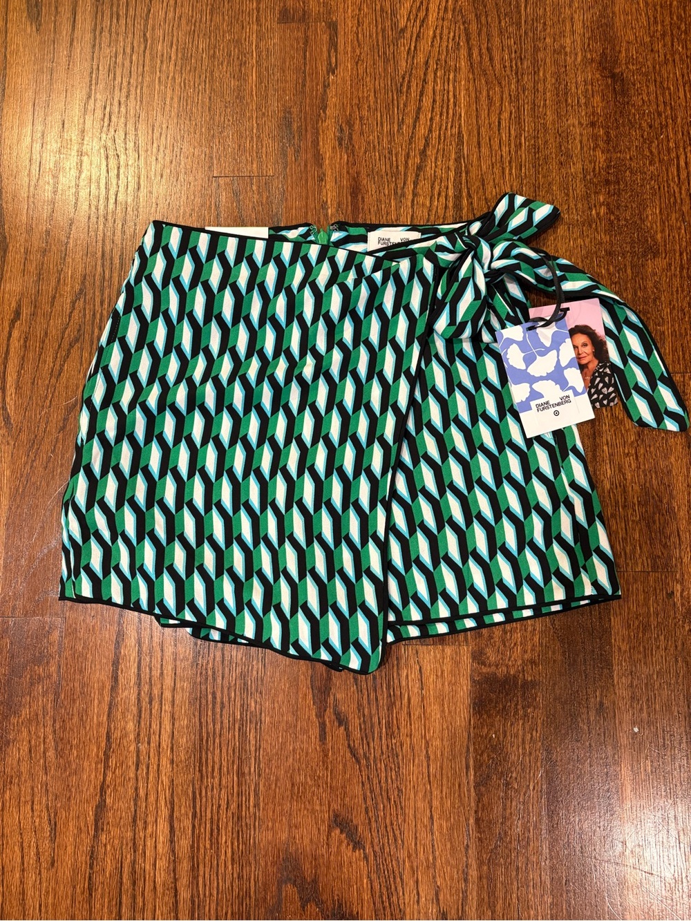 Diane Von Furstenberg Green, Teal and Black Geometric Wrap Skirt